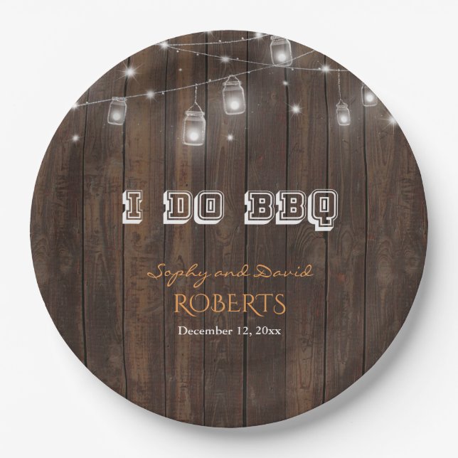 Rustic Old Barn Mason Jar String Lights I DO BBQ Paper Plates (Front)
