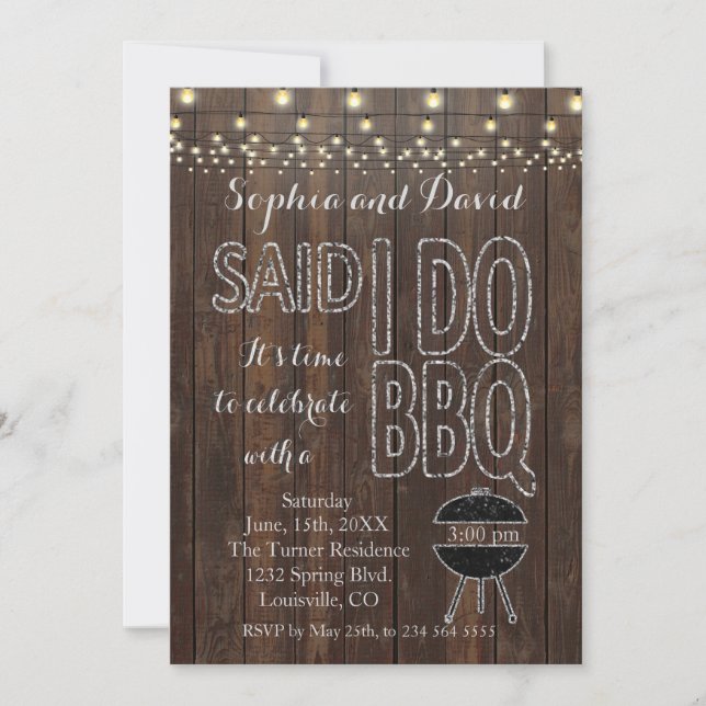 Rustic Old Barn String Lights I DO BBQ Invite (Front)