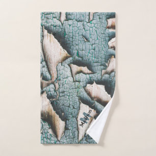 Rustic old blue green paint wood Custom Monogram Bath Towel Set