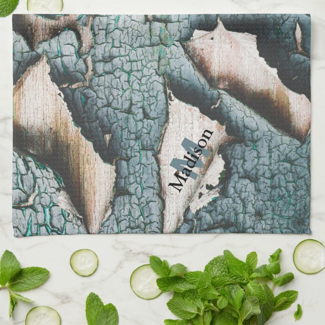 Rustic old blue green paint wood Custom Monogram Kitchen Towel (Folded)