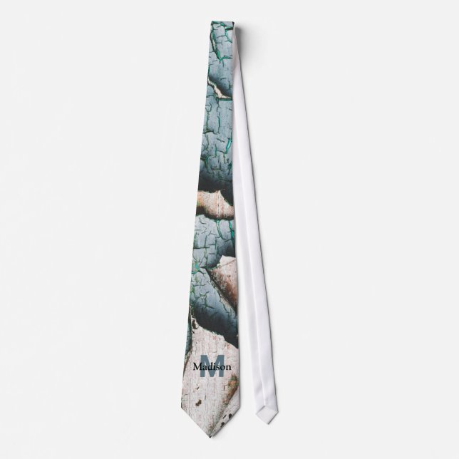 Rustic old blue green paint wood Custom Monogram Neck Tie (Front)