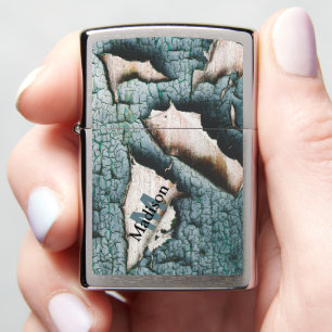 Rustic old blue green paint wood Custom Monogram Zippo Lighter