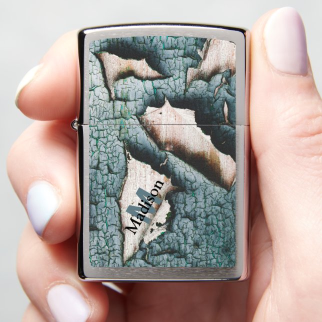 Rustic old blue green paint wood Custom Monogram Zippo Lighter (In Hand)