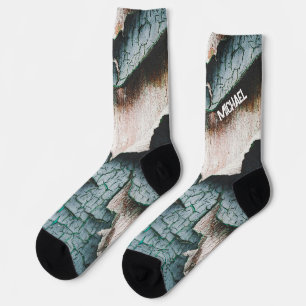 Rustic old blue green paint wood Custom name Socks