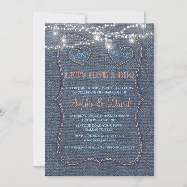 Rustic Old Denim Blue String Lights I DO BBQ Invitation (Front)