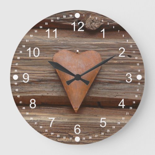 Rustic Old Heart on Log Cabin Wood Large Clock