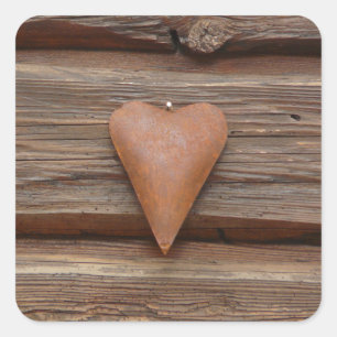 Rustic Old Heart on Log Cabin Wood Square Sticker