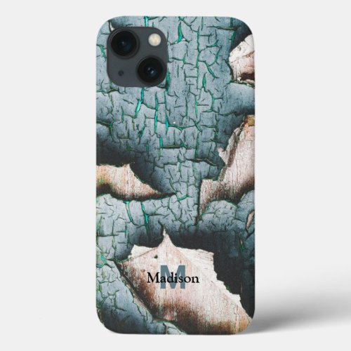 Rustic old light blue green peeling paint Monogram iPhone 13 Case