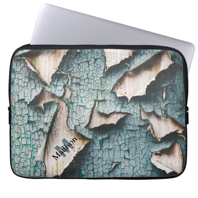 Rustic old light blue green peeling paint Monogram Laptop Sleeve (Front)