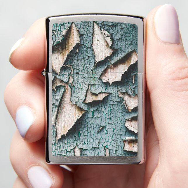 Rustic old light blue green peeling paint wood zippo lighter (In Hand)
