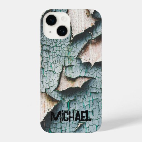 Rustic old light blue green peeling paint Yourname iPhone 14 Case