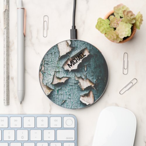 Rustic old light blue green peeling paint Yourname Wireless Charger