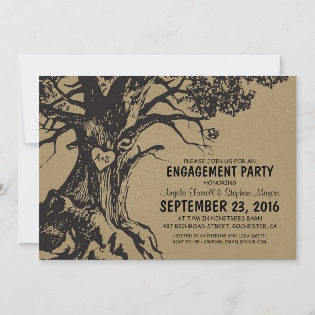 Rustic old oak tree engagement party invitation (Front)