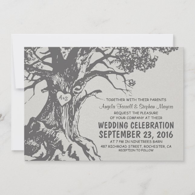 Rustic old oak tree gray wedding invitations (Front)