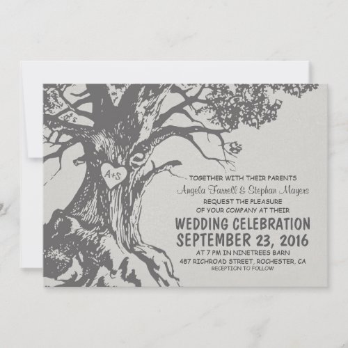 Rustic old oak tree gray wedding invitations