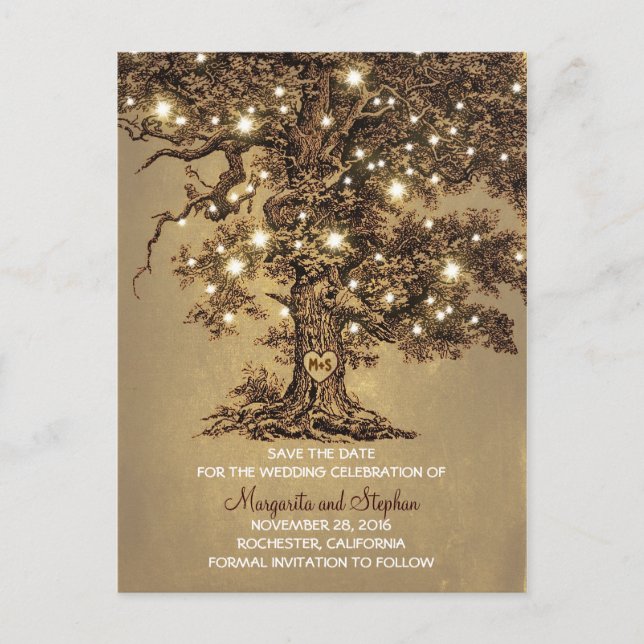 rustic old oak tree lights save the date postcards (Front)