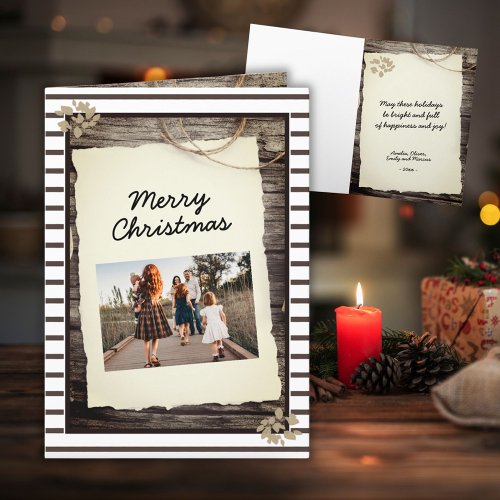 Rustic Old Paper Wood Script Christmas Photo Holiday Card