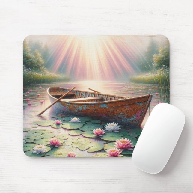 Rustic Old Rowboat In Water Lilies Mouse Pad (With Mouse)