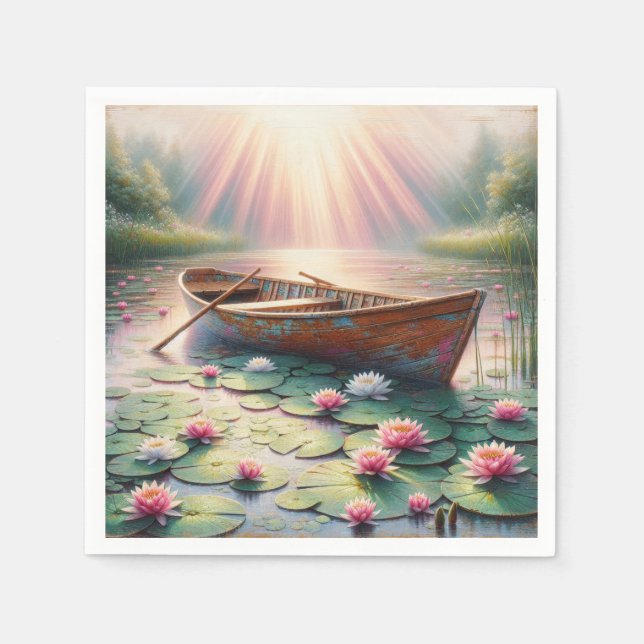 Rustic Old Rowboat In Water Lilies Napkins (Front)
