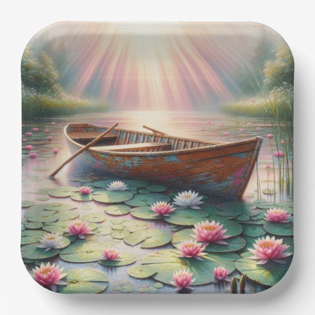 Rustic Old Rowboat In Water Lilies Paper Plates (Front)