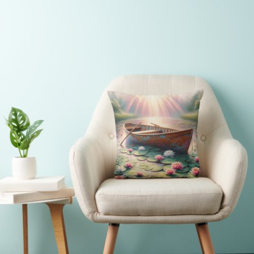 Rustic Old Rowboat In Water Lilys Throw Pillow