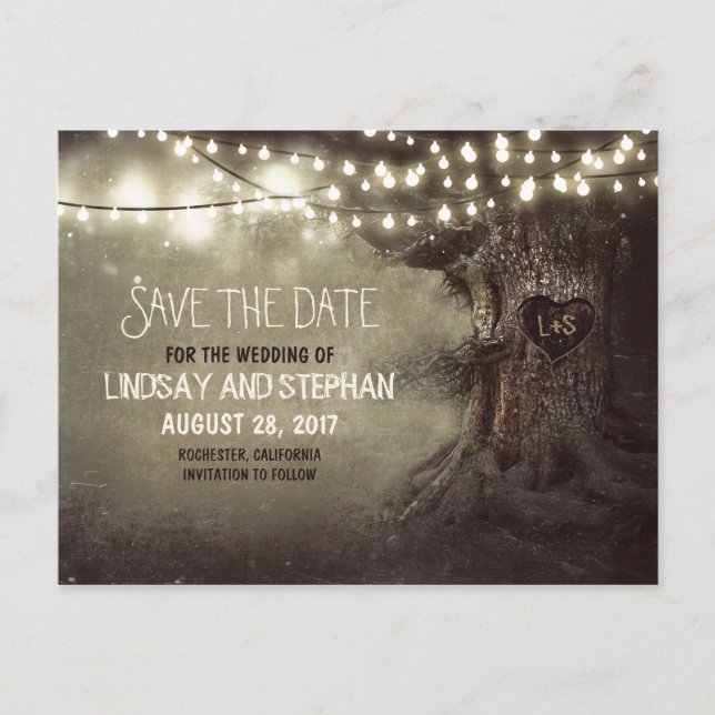 rustic old tree save the date postcards (Front)