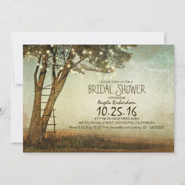Rustic old tree & string lights bridal shower invitation | Zazzle