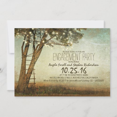 Rustic old tree  string lights engagement party invitation