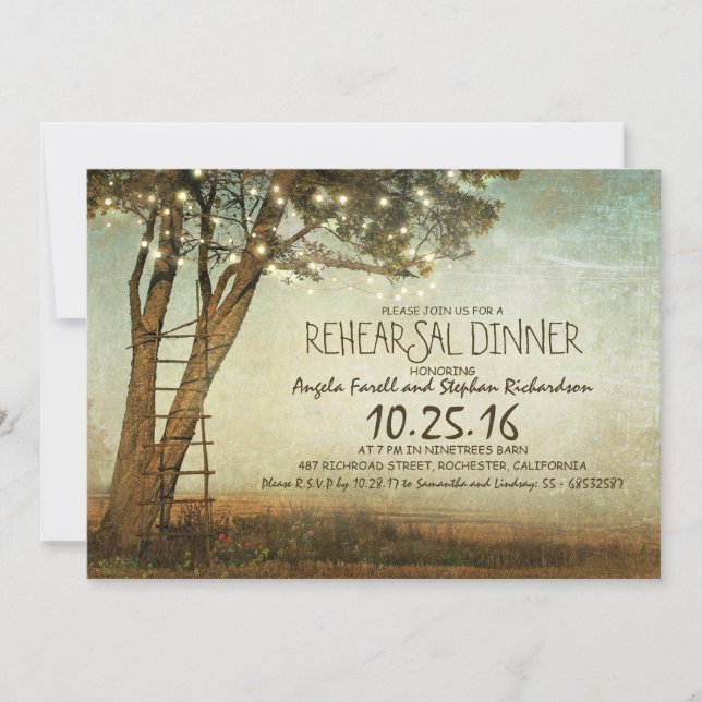 Rustic old tree & string lights rehearsal dinner invitation (Front)