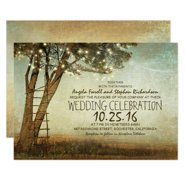 Rustic Old Tree & String Lights Wedding Invitation