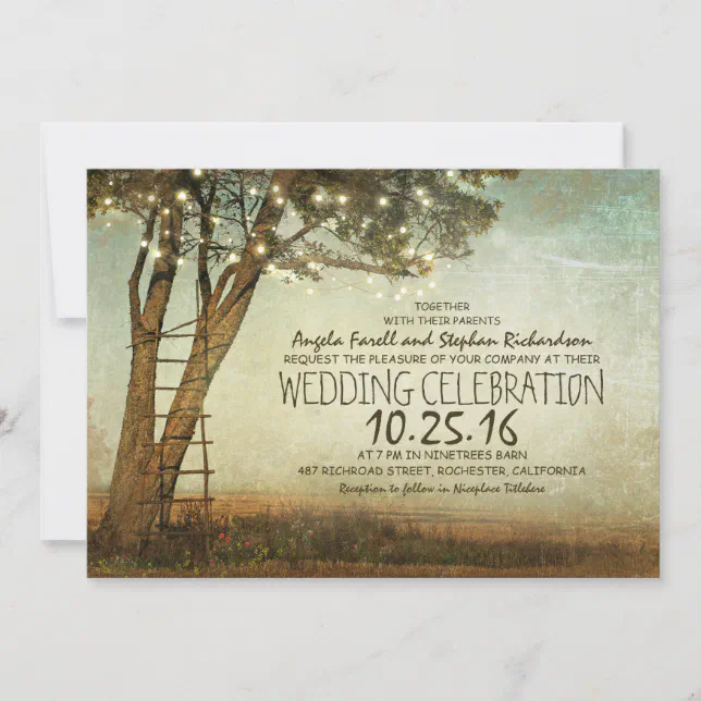 Rustic old tree & string lights wedding invitation | Zazzle