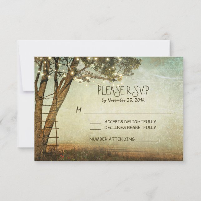 Rustic old tree & string lights wedding RSVP Card (Front)