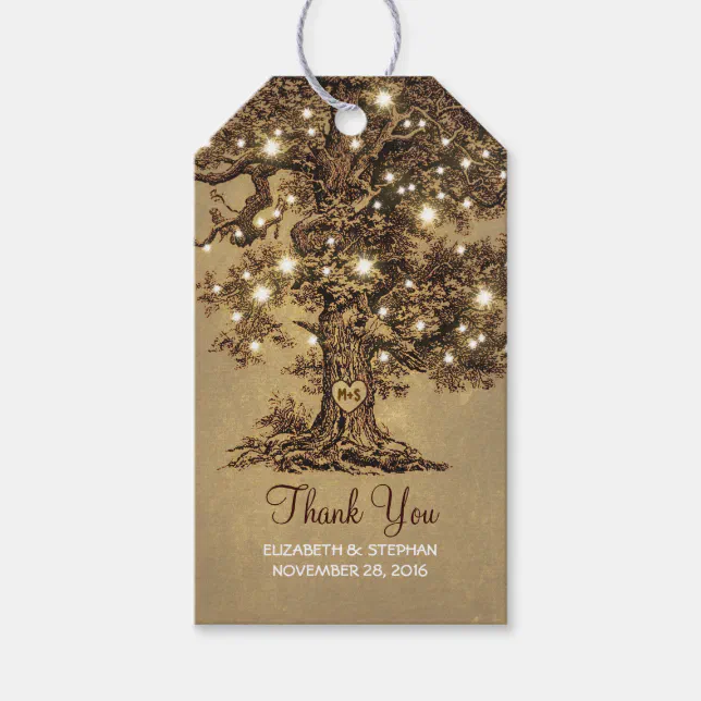 Rustic Old Tree & String Lights Wedding Thank You Gift Tags | Zazzle