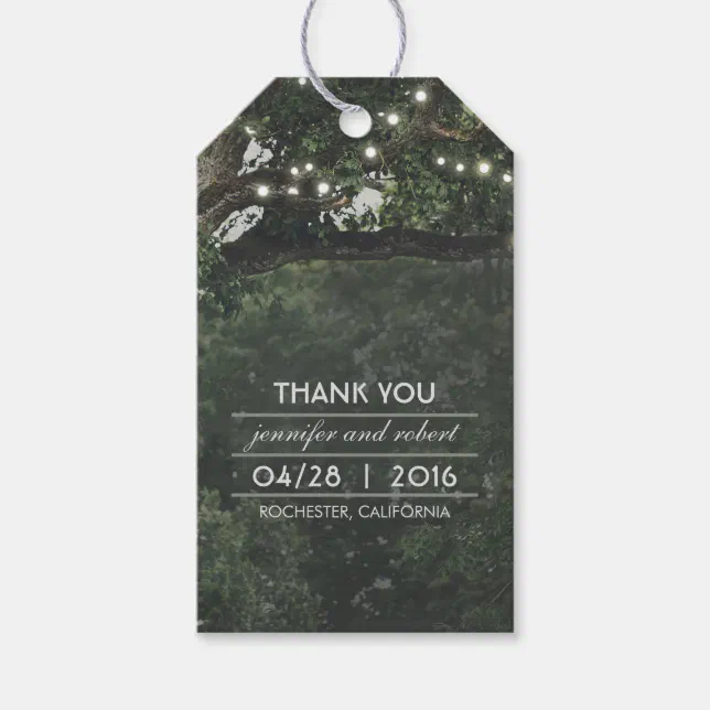 Rustic Old Tree String Lights Wedding Thank You Gift Tags | Zazzle