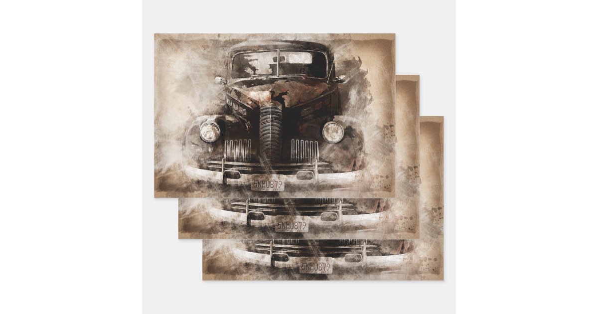 Rustic Old Vintage Car Decoupage Wrapping Paper Sheets | Zazzle
