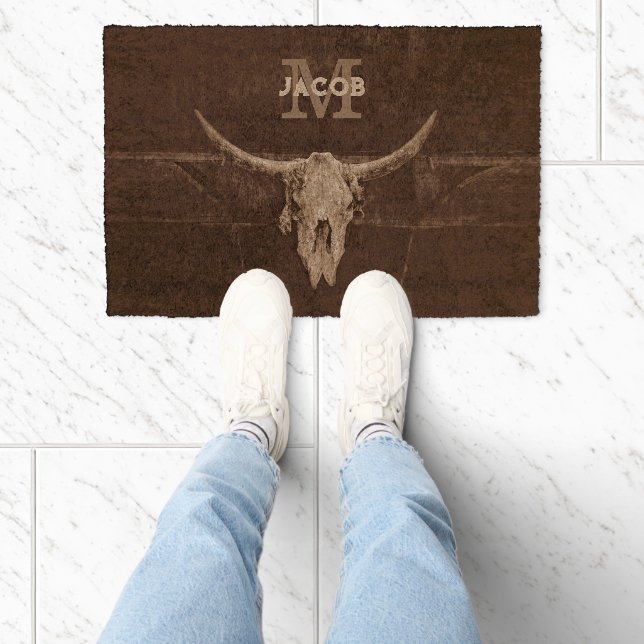 Rustic Old Western Bull Skull Brown Beige Monogram Fiber Doormat (Insitu)