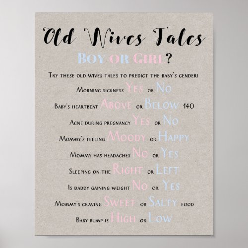 Rustic Old Wives Tales Baby Shower Gender Reveal Poster