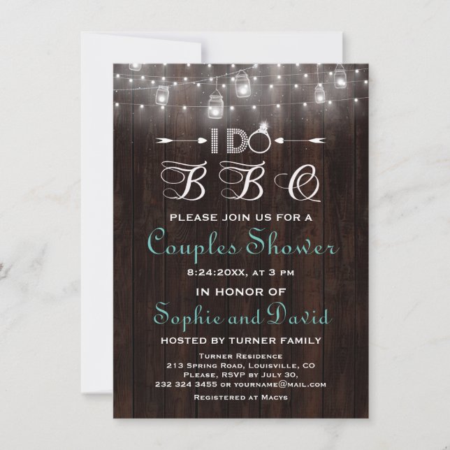 Rustic Old Wood Mason Jars String Lights I DO BBQ Invitation (Front)