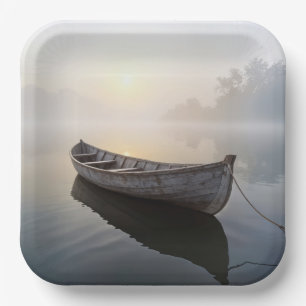Rustic Old Wooden Rowboat On a Calm Lake Paper Plates