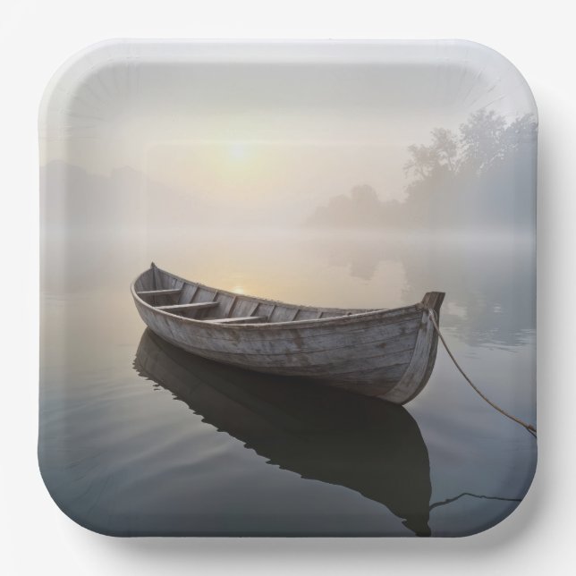 Rustic Old Wooden Rowboat On a Calm Lake Paper Plates (Front)