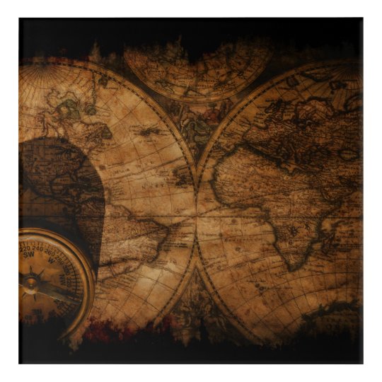 Rustic Old World Map and Compass Acrylic Print | Zazzle.com