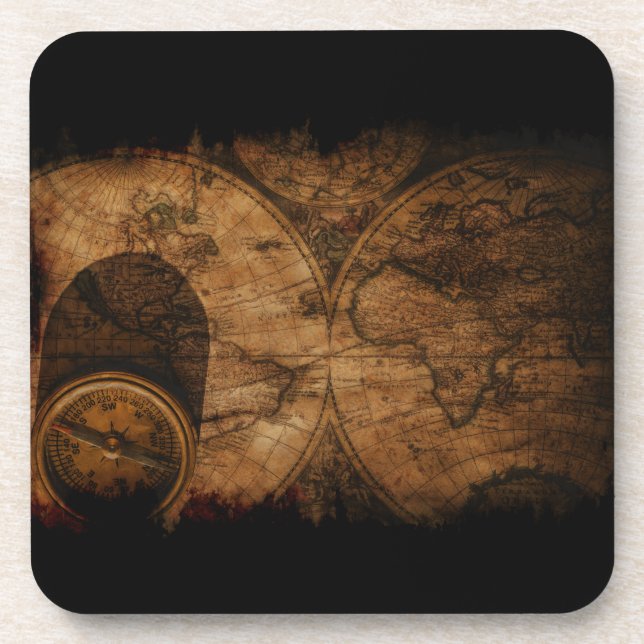 Rustic Old World Map and Compass Beverage Coaster (Front)