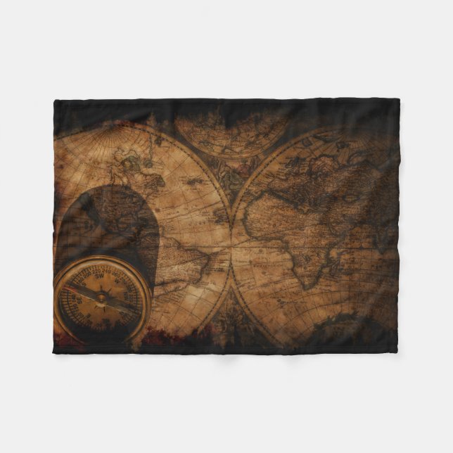 Rustic Old World Map and Compass Fleece Blanket (Front (Horizontal))