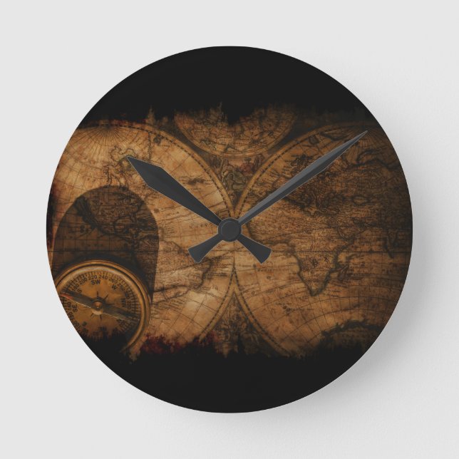 Rustic Old World Map and Compass Round Clock (Front)