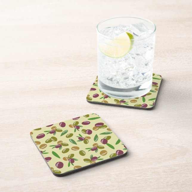 Rustic Olive and Olive Leaves Pattern Beverage Coaster (Right Side)