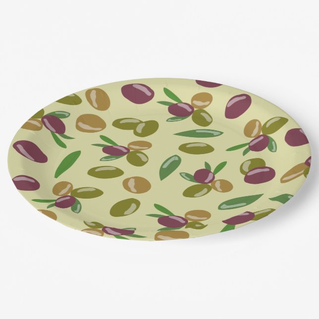 Rustic Olive and Olive Leaves Pattern Paper Plates (Angled)