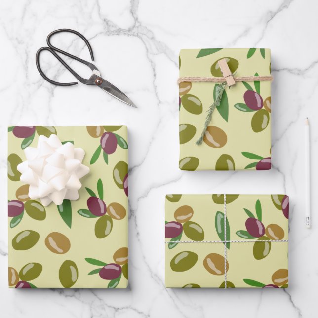 Rustic Olive and Olive Leaves Pattern Wrapping Paper Sheets (Front)