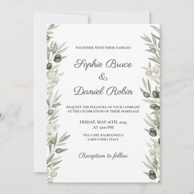 Rustic Olive Branch and Floral Wedding Invitation (Front)