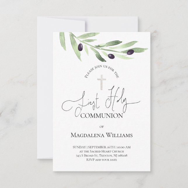 rustic olive branch Catholic First Communion Invit Invitation (Front)