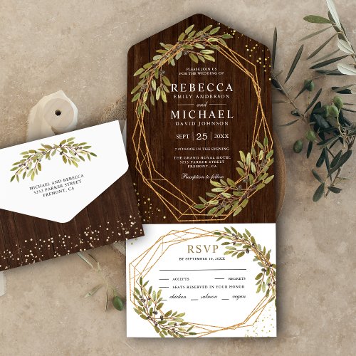 Rustic Olive Branch Gold Frame Barn Wood Wedding All In One Invitation